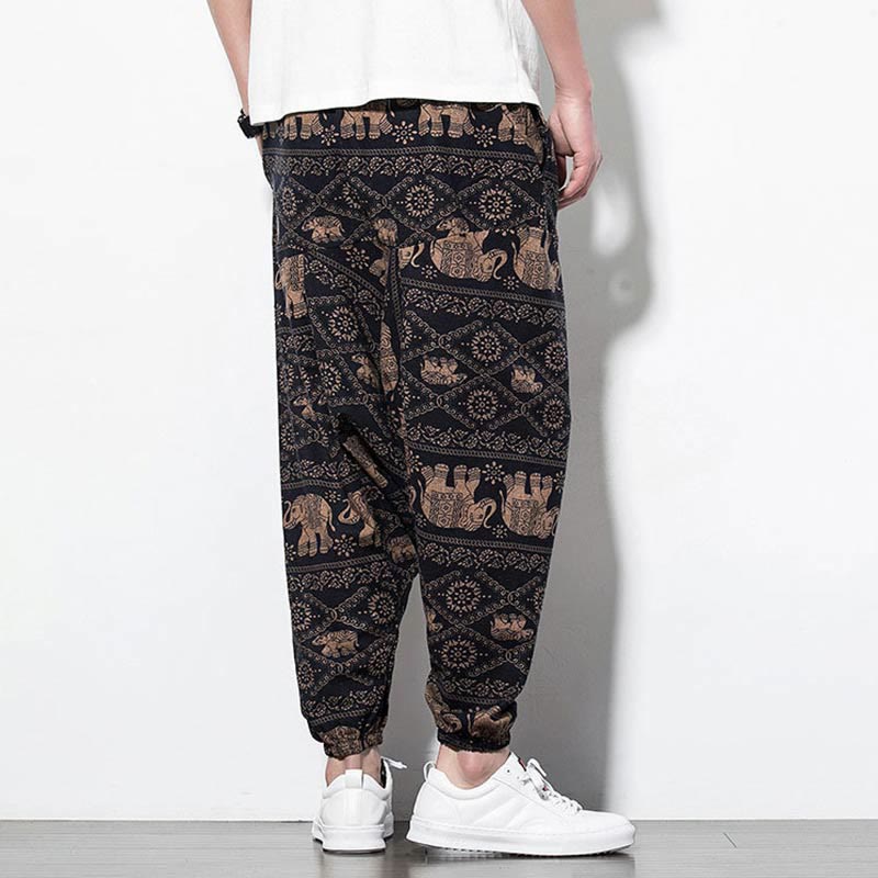 Pantalon Buddha Stones court et long en coton pour homme avec poches et imprimé éléphant marron et noir - image 2