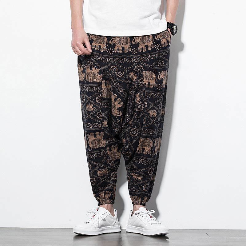 Pantalon Buddha Stones court et long en coton pour homme avec poches et imprimé éléphant marron et noir - image 1
