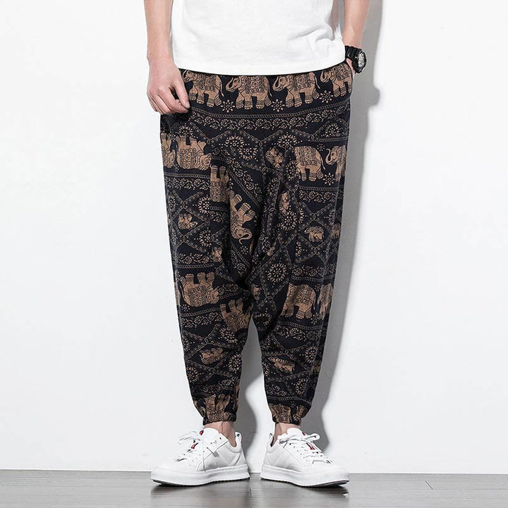 Pantalon Buddha Stones court et long en coton pour homme avec poches et imprimé éléphant marron et noir - image 1