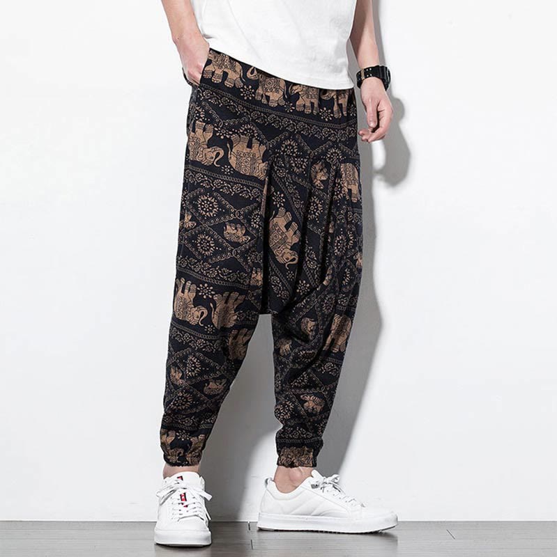 Pantalon Buddha Stones court et long en coton pour homme avec poches et imprimé éléphant marron et noir - image 5
