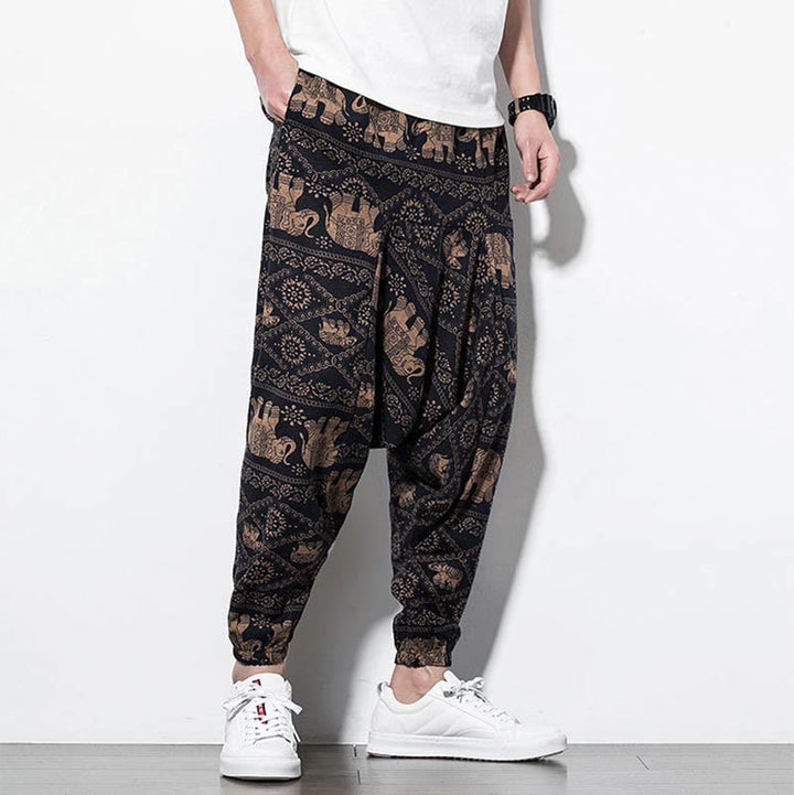 Pantalon Buddha Stones court et long en coton pour homme avec poches et imprimé éléphant marron et noir - image 5