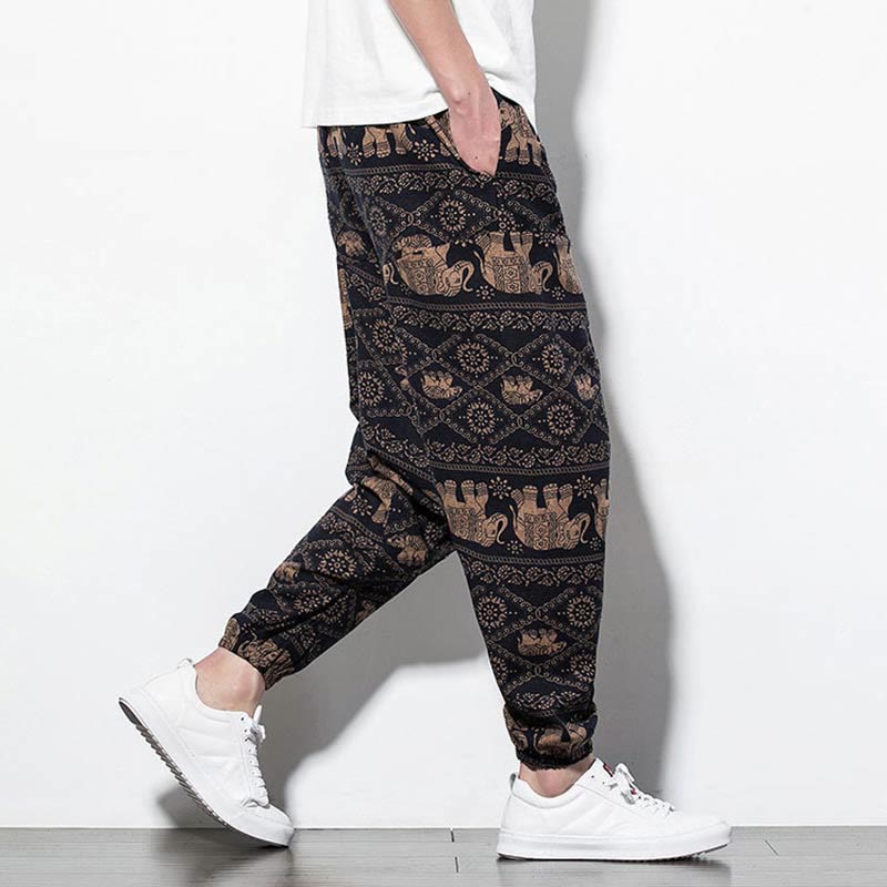 Pantalon Buddha Stones court et long en coton pour homme avec poches et imprimé éléphant marron et noir - image 4
