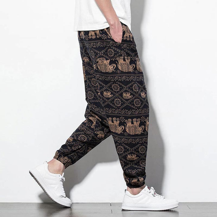 Pantalon Buddha Stones court et long en coton pour homme avec poches et imprimé éléphant marron et noir - image 4