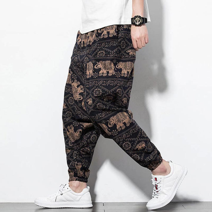 Pantalon Buddha Stones court et long en coton pour homme avec poches et imprimé éléphant marron et noir - Éléphant de style long - US/UK/AU46，EU56 (5XL) - image 0