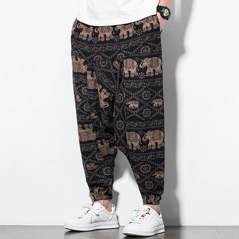 Pantalon Buddha Stones court et long en coton pour homme avec poches et imprimé éléphant marron et noir - image 6