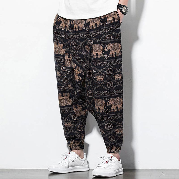 Pantalon Buddha Stones court et long en coton pour homme avec poches et imprimé éléphant marron et noir - image 6
