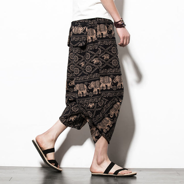 Pantalon Buddha Stones court et long en coton pour homme avec poches et imprimé éléphant marron et noir - Éléphant de style court - US/UK/AU46，EU56 (5XL) - image 9
