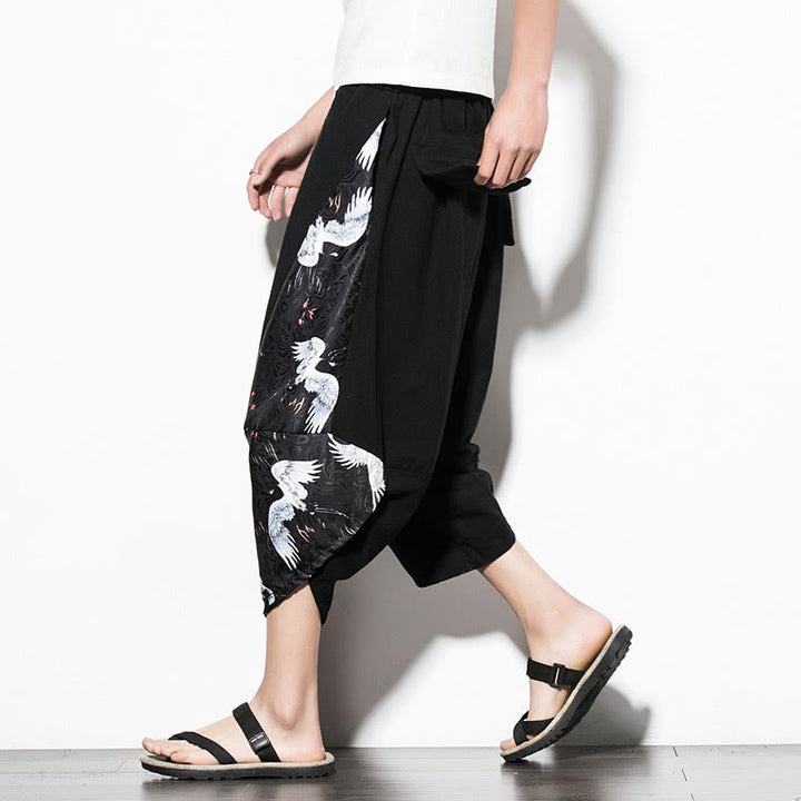 Pantalon sarouel court en coton à imprimé grue blanche Buddha Stones pour homme avec poches - Noir - US/UK/AU46，EU56 (5XL)  - image 0