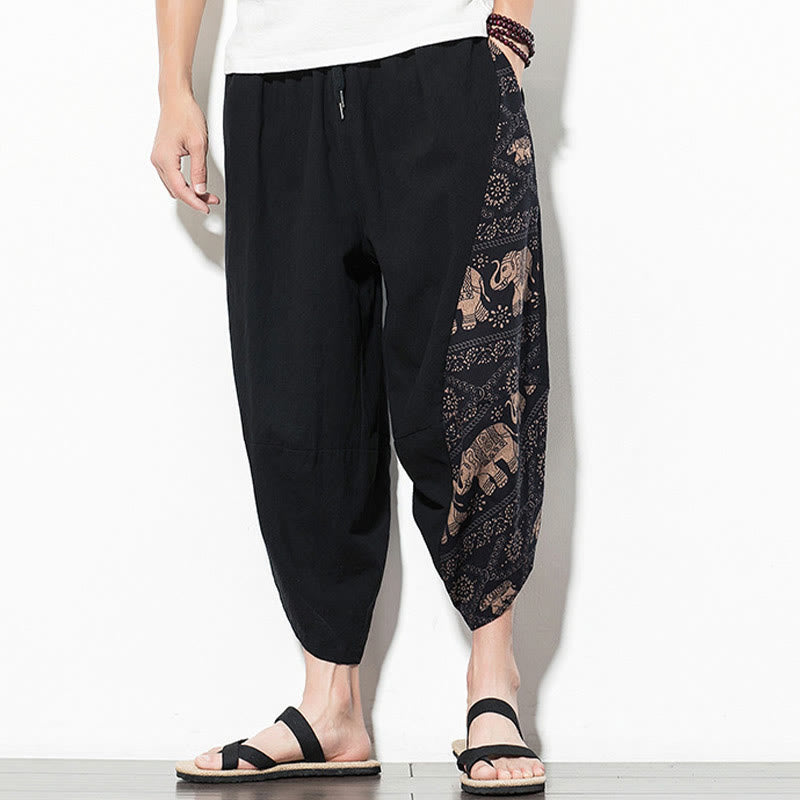 Pantalon sarouel court en coton marron imprimé éléphant Buddha Stones pour homme avec poches - image 1