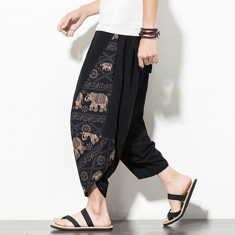 Pantalon sarouel court en coton marron imprimé éléphant Buddha Stones pour homme avec poches - image 5