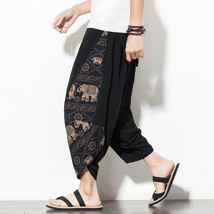 Pantalon sarouel court en coton marron imprimé éléphant Buddha Stones pour homme avec poches - image 5