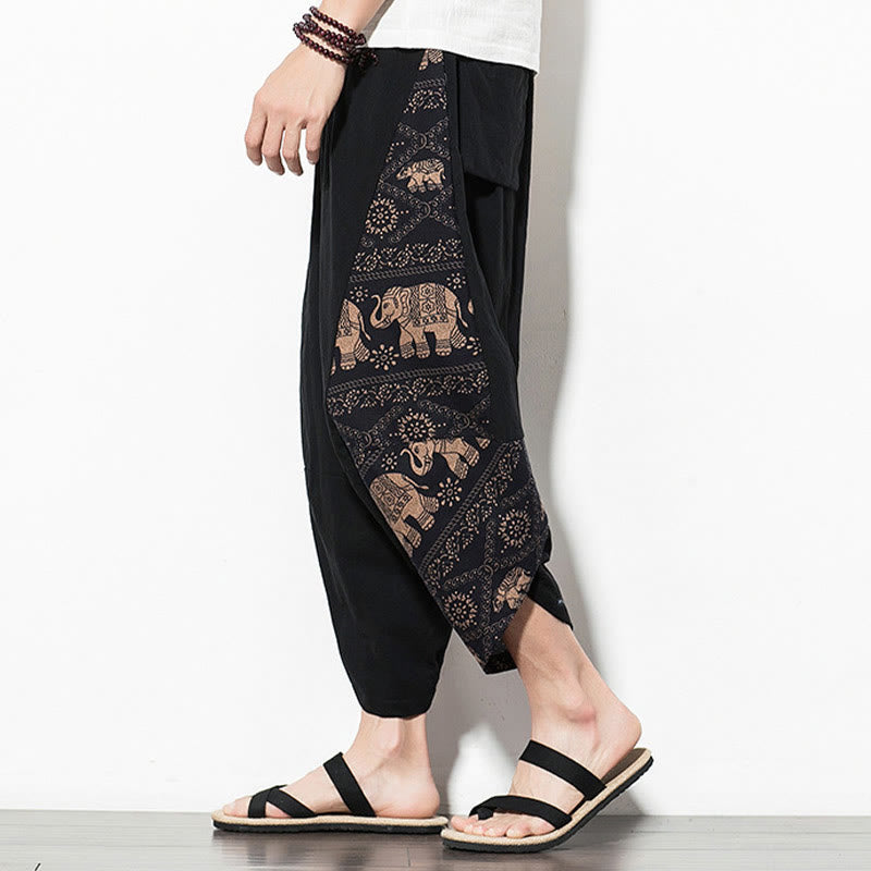 Pantalon sarouel court en coton marron imprimé éléphant Buddha Stones pour homme avec poches - image 4