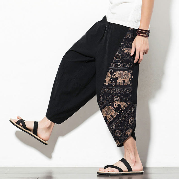 Pantalon sarouel court en coton marron imprimé éléphant Buddha Stones pour homme avec poches - image 7