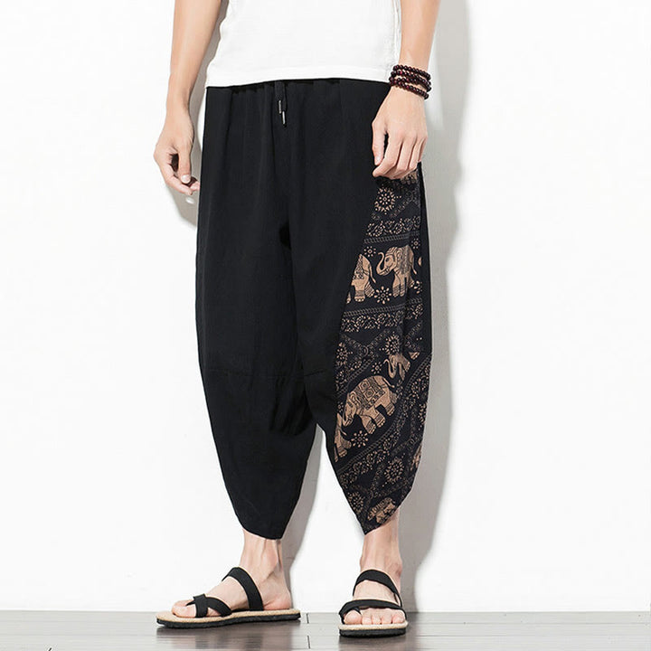 Pantalon sarouel court en coton marron imprimé éléphant Buddha Stones pour homme avec poches - image 3