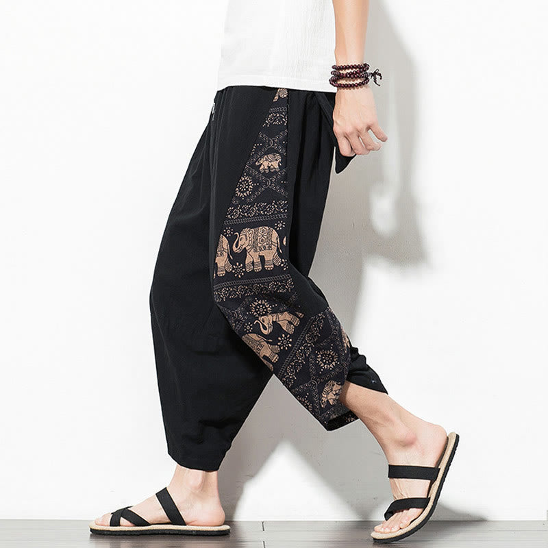 Pantalon sarouel court en coton marron imprimé éléphant Buddha Stones pour homme avec poches - Noir - US/UK/AU46，EU56 (5XL) - image 0