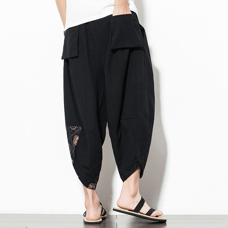 Pantalon sarouel court en coton marron imprimé éléphant Buddha Stones pour homme avec poches - image 2