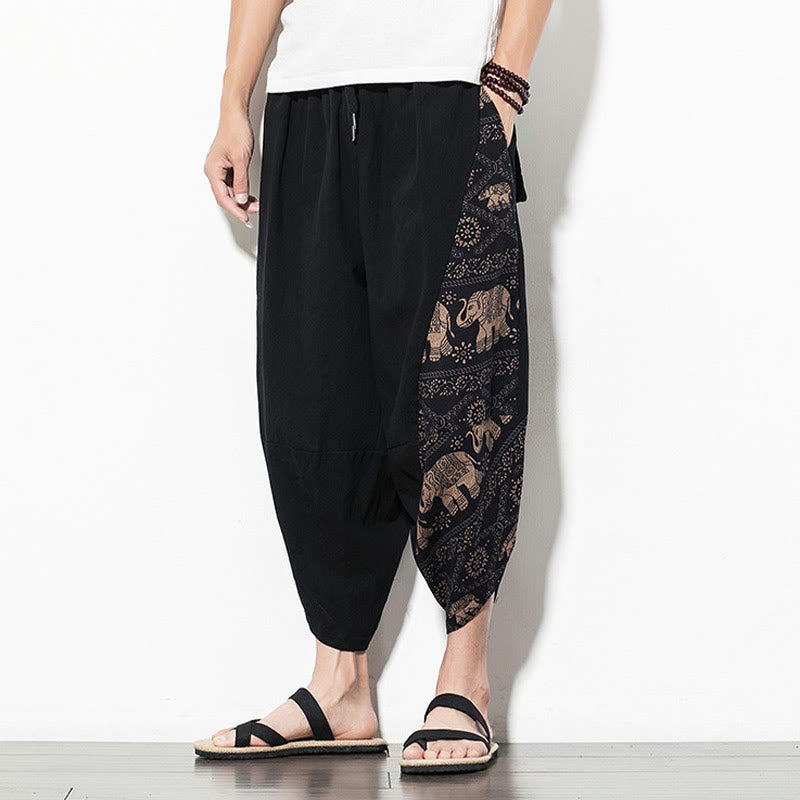 Pantalon sarouel court en coton marron imprimé éléphant Buddha Stones pour homme avec poches - image 6