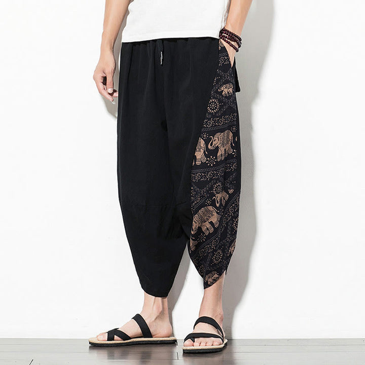 Pantalon sarouel court en coton marron imprimé éléphant Buddha Stones pour homme avec poches - image 6