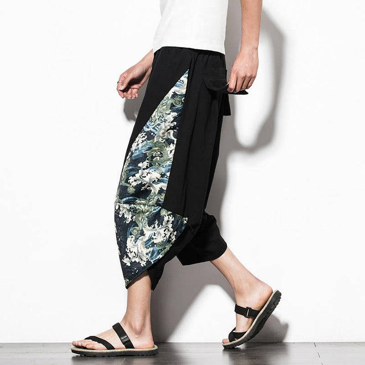 Pantalon sarouel court en coton imprimé Buddha Stones Green Waves pour homme avec poches - Noir - US/UK/AU46，EU56 (5XL)  - image 0