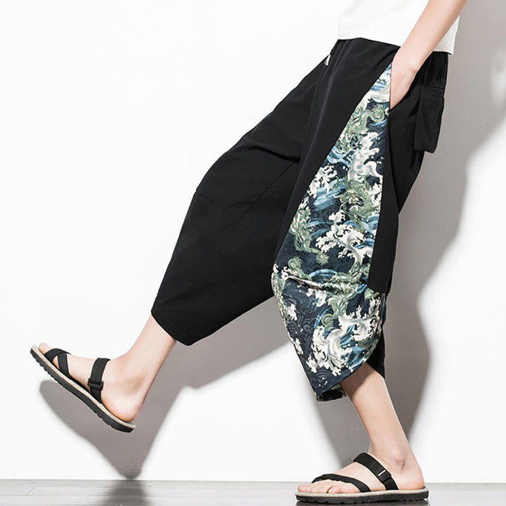 Pantalon sarouel court en coton imprimé Buddha Stones Green Waves pour homme avec poches - image 8