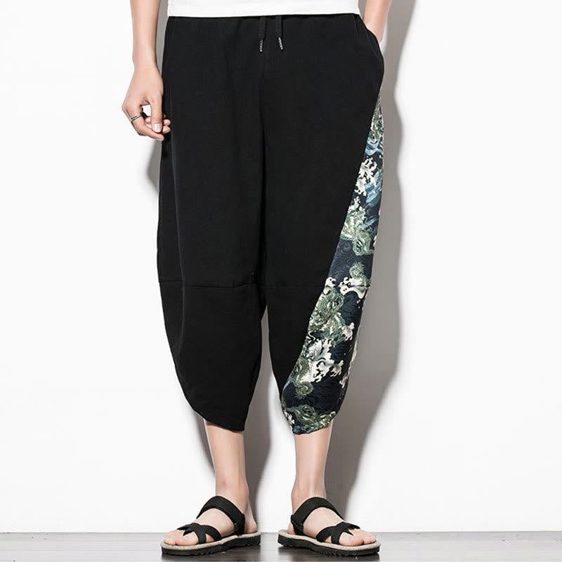 Pantalon sarouel court en coton imprimé Buddha Stones Green Waves pour homme avec poches - image 1