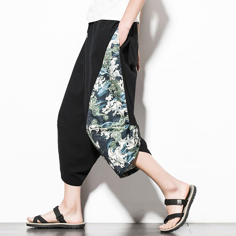 Pantalon sarouel court en coton imprimé Buddha Stones Green Waves pour homme avec poches - image 7