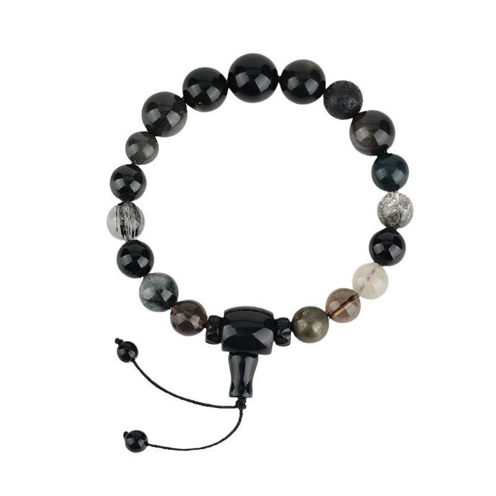 Bracelet de sagesse et de richesse en obsidienne noire avec Buddha Stones et cinq éléments