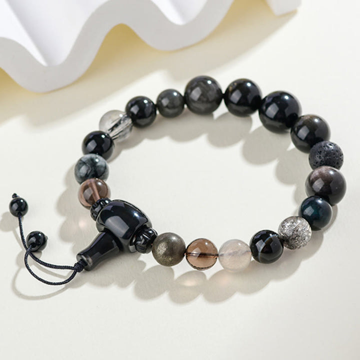 Bracelet de sagesse et de richesse en obsidienne noire avec Buddha Stones et cinq éléments