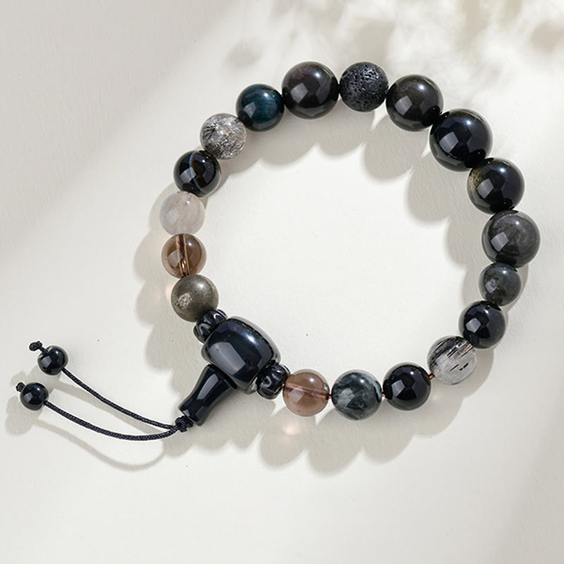Bracelet de sagesse et de richesse en obsidienne noire avec Buddha Stones et cinq éléments