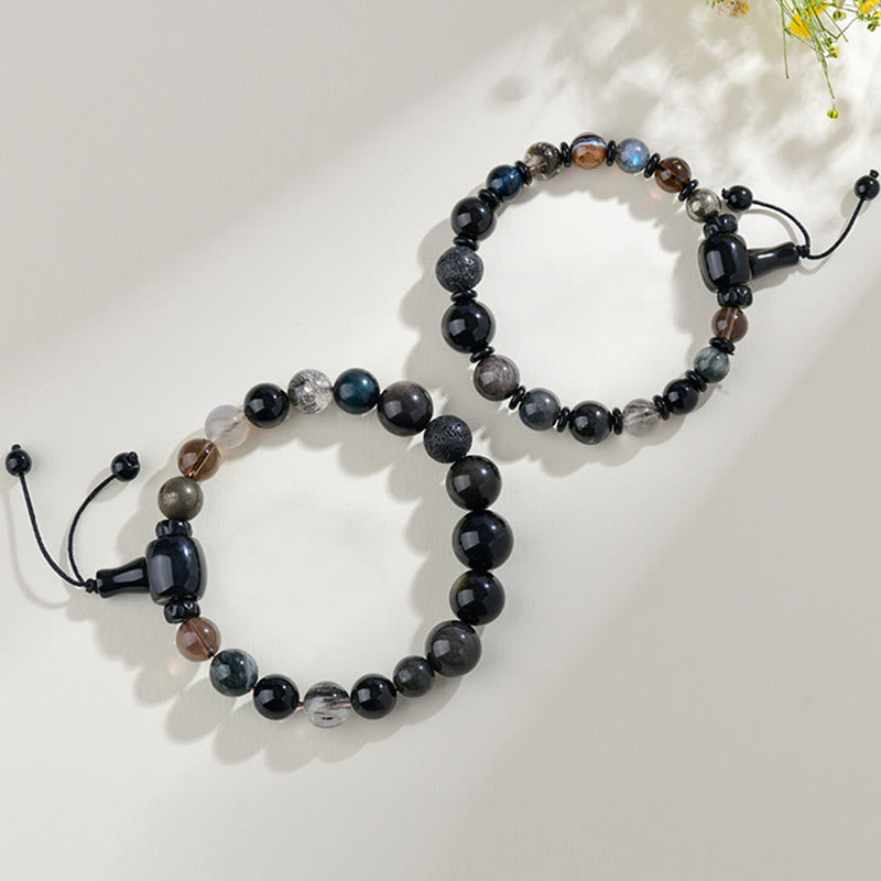 Bracelet de sagesse et de richesse en obsidienne noire avec Buddha Stones et cinq éléments