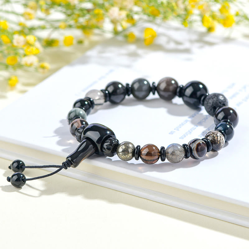 Bracelet de sagesse et de richesse en obsidienne noire avec Buddha Stones et cinq éléments