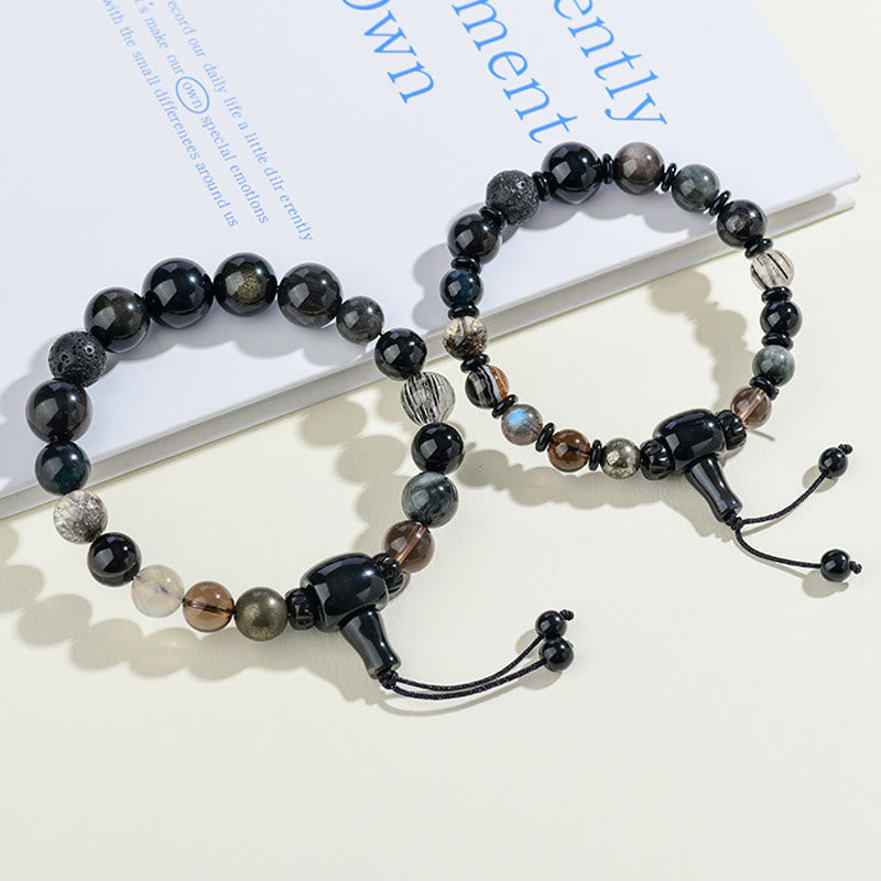 Bracelet de sagesse et de richesse en obsidienne noire avec Buddha Stones et cinq éléments