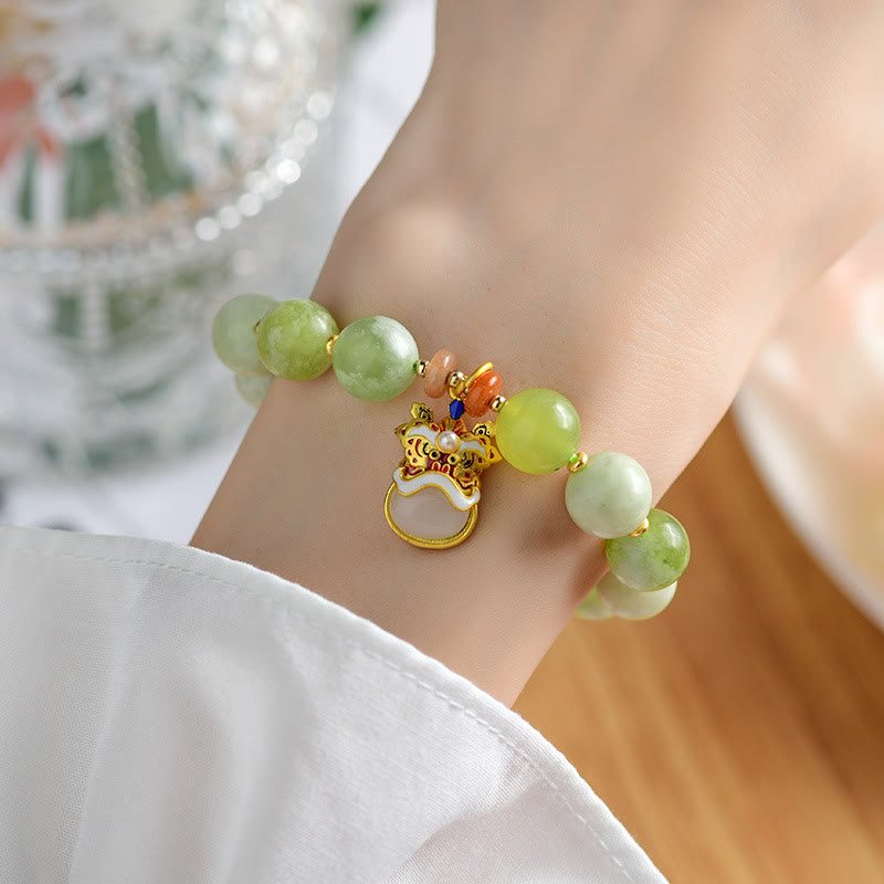 Bracelet porte-bonheur en jade naturel avec pendentif lion dansant et Buddha Stones