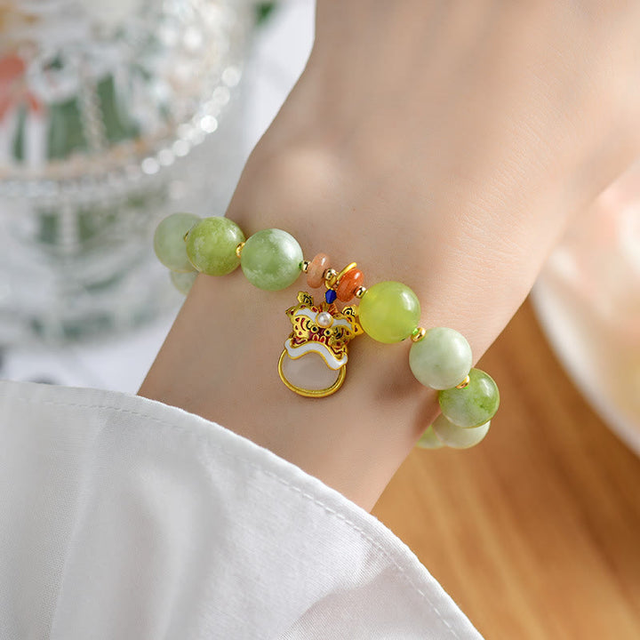 Bracelet porte-bonheur en jade naturel avec pendentif lion dansant et Buddha Stones