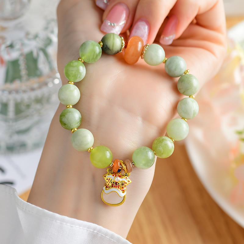 Bracelet porte-bonheur en jade naturel avec pendentif lion dansant et Buddha Stones