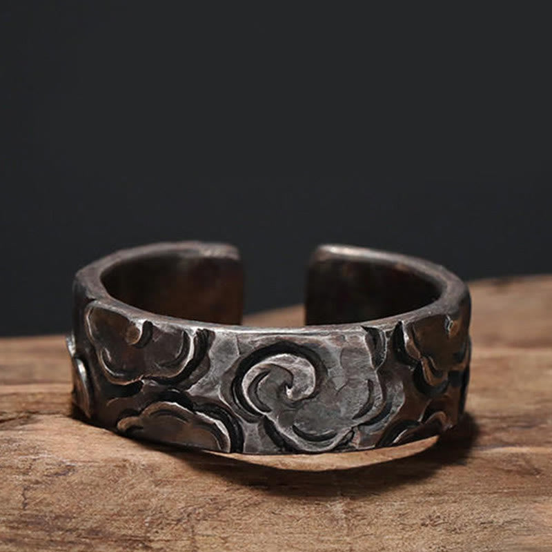 Bague de protection réglable en argent sterling 999 Buddha Stones et nuages ​​de bon augure - Diamètre intérieur 20,4 mm (circonférence du doigt : 65 mm) - image 0