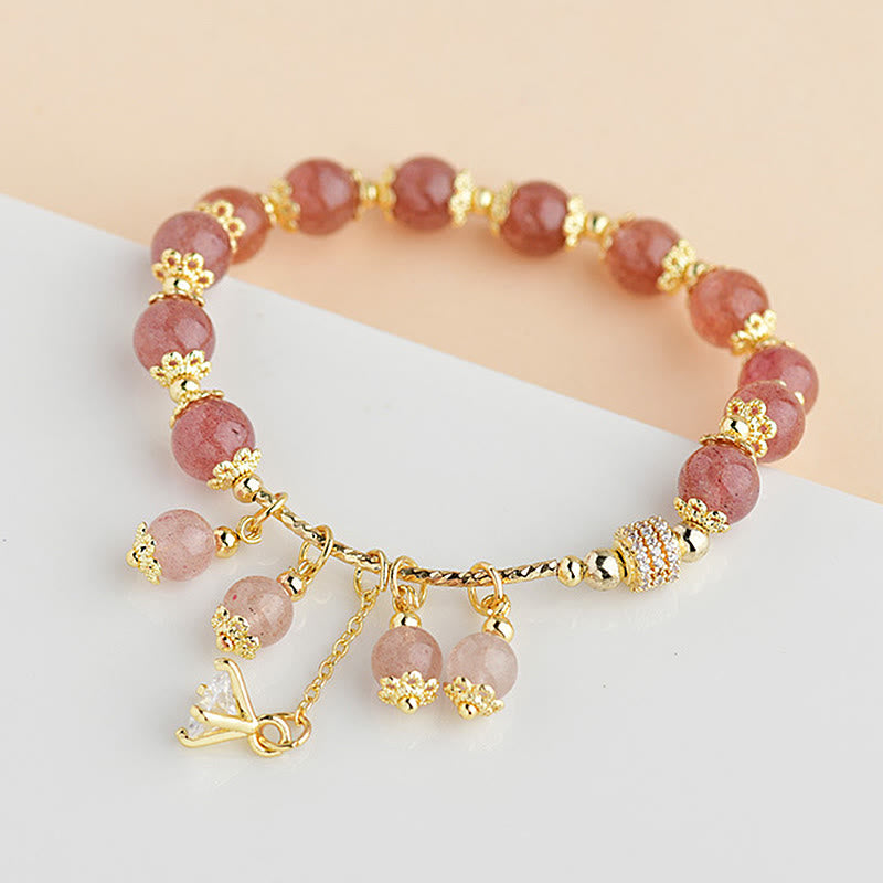 Bracelet de guérison positif en cristal de quartz fraise naturel et zircon Buddha Stones
