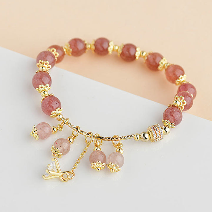 Bracelet de guérison positif en cristal de quartz fraise naturel et zircon Buddha Stones