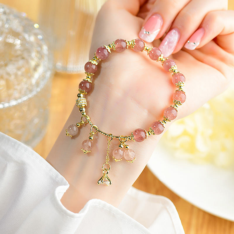 Bracelet de guérison positif en cristal de quartz fraise naturel et zircon Buddha Stones