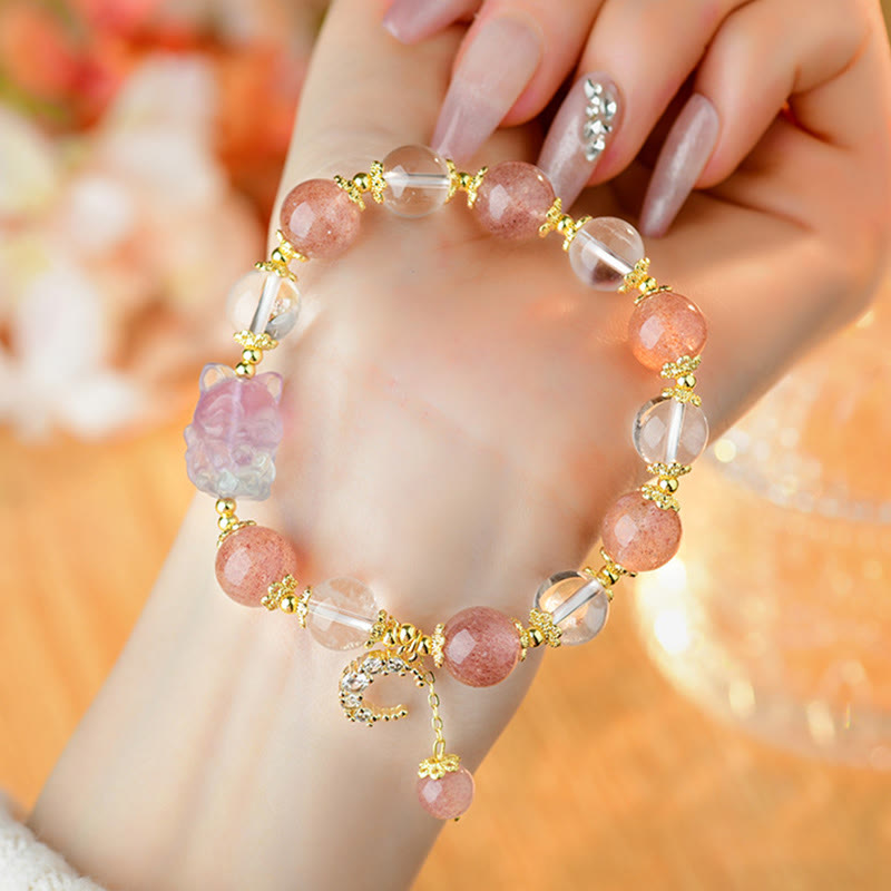 Bracelet pendentif lune renard à neuf queues en cristal de quartz blanc naturel de Buddha Stones