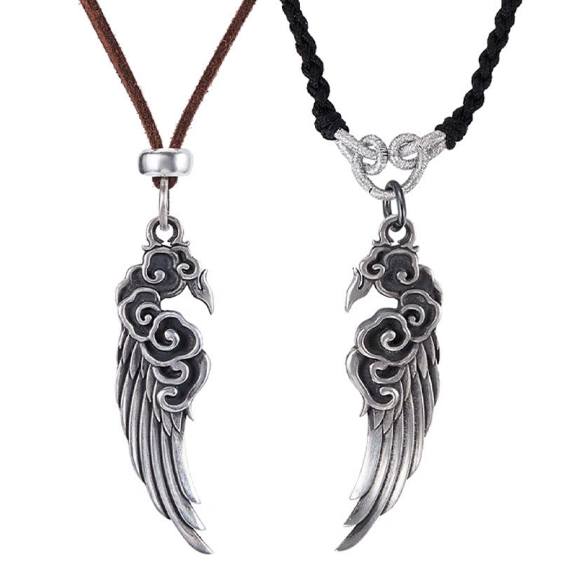 Collier pendentif en corde de coton et peau de cerf avec ailes de nuages de bon augure en argent sterling 925 et Buddha Stones