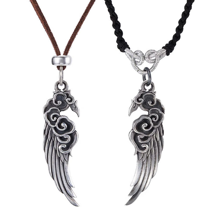 Collier pendentif en corde de coton et peau de cerf avec ailes de nuages de bon augure en argent sterling 925 et Buddha Stones