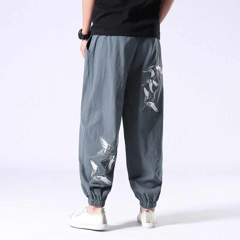 Pantalon sarouel pour homme avec cordon de serrage et poches, motif brodé de grue blanche et Buddha Stones - Bleu poudre - US/UK/AU42，EU52 (3XL) - image 0
