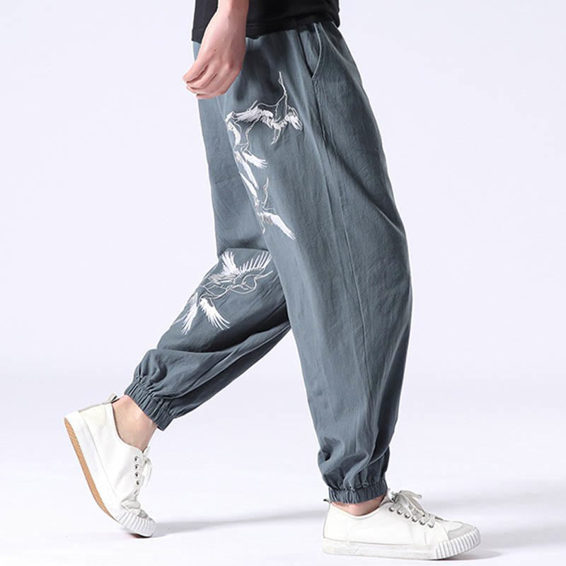 Pantalon sarouel pour homme avec cordon de serrage et poches, motif brodé de grue blanche et Buddha Stones - image 1