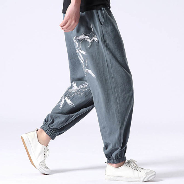 Pantalon sarouel pour homme avec cordon de serrage et poches, motif brodé de grue blanche et Buddha Stones - image 1