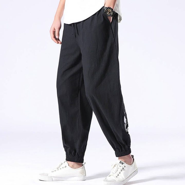 Pantalon sarouel pour homme avec cordon de serrage et poches, motif brodé de grue blanche et Buddha Stones - image 9