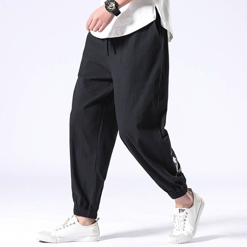 Pantalon sarouel pour homme avec cordon de serrage et poches, motif brodé de grue blanche et Buddha Stones - image 8