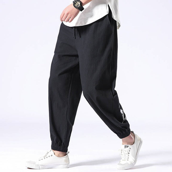 Pantalon sarouel pour homme avec cordon de serrage et poches, motif brodé de grue blanche et Buddha Stones - image 8