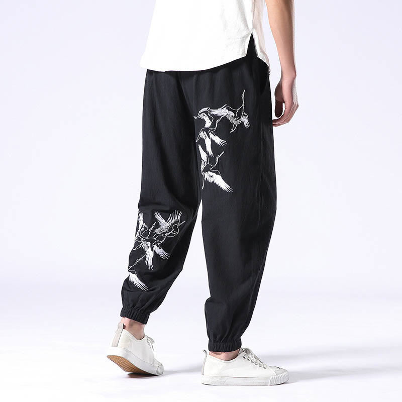Pantalon sarouel pour homme avec cordon de serrage et poches, motif brodé de grue blanche et Buddha Stones - Noir - US/UK/AU42，EU52 (3XL) - image 6