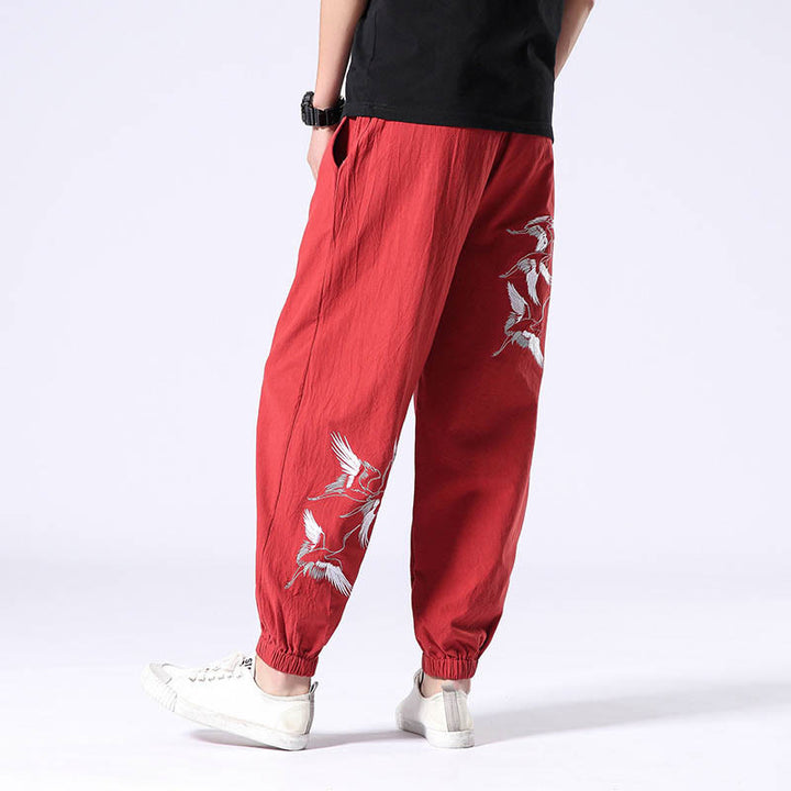 Pantalon sarouel pour homme avec cordon de serrage et poches, motif brodé de grue blanche et Buddha Stones - Rouge - US/UK/AU42，EU52 (3XL) - image 12